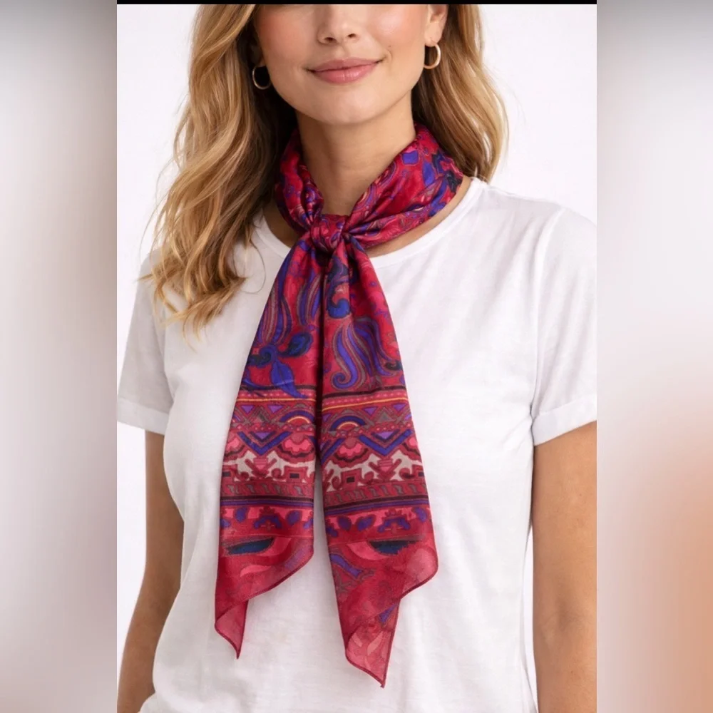Honey 100% Silk Paisley Scarf Red Magenta Boho Wrap
